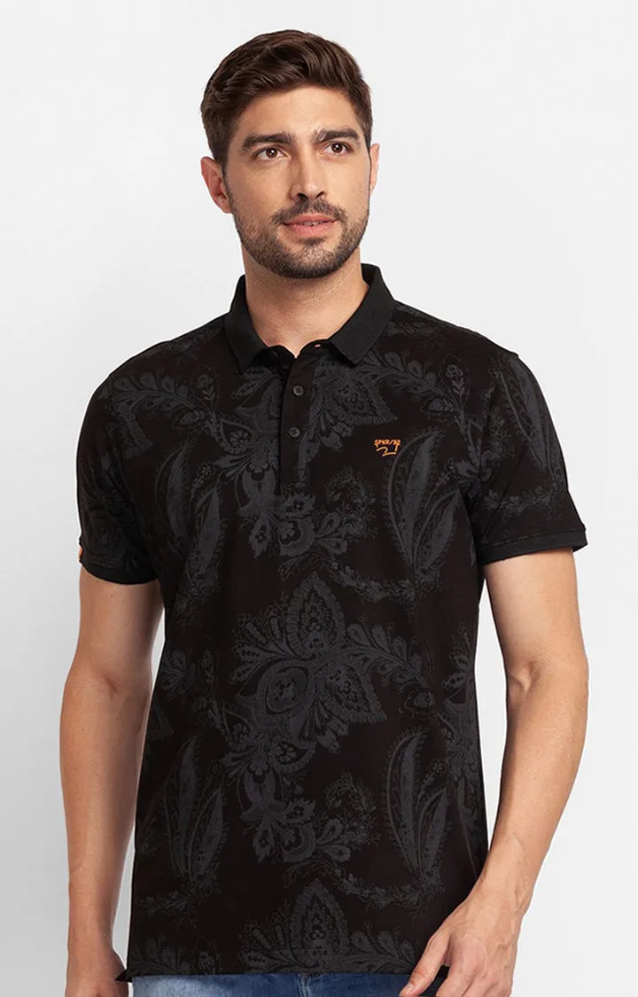 Spykar Black Cotton Half Sleeve Printed Casual Polo T-Shirt For Men