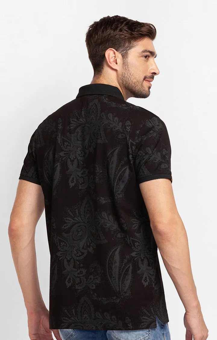 Spykar Black Cotton Half Sleeve Printed Casual Polo T-Shirt For Men