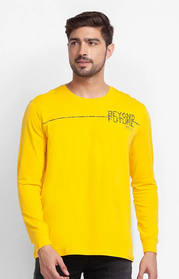 Spykar Chrome Yellow Cotton Full Sleeve Printed Casual T-Shirt For Men