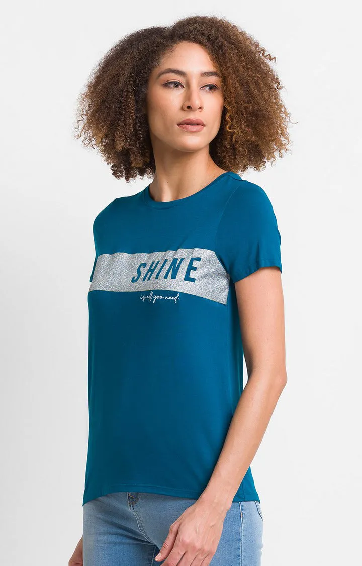 Spykar Teal Blue Cotton Blend Half Sleeve Printed Casual T-Shirts For Women