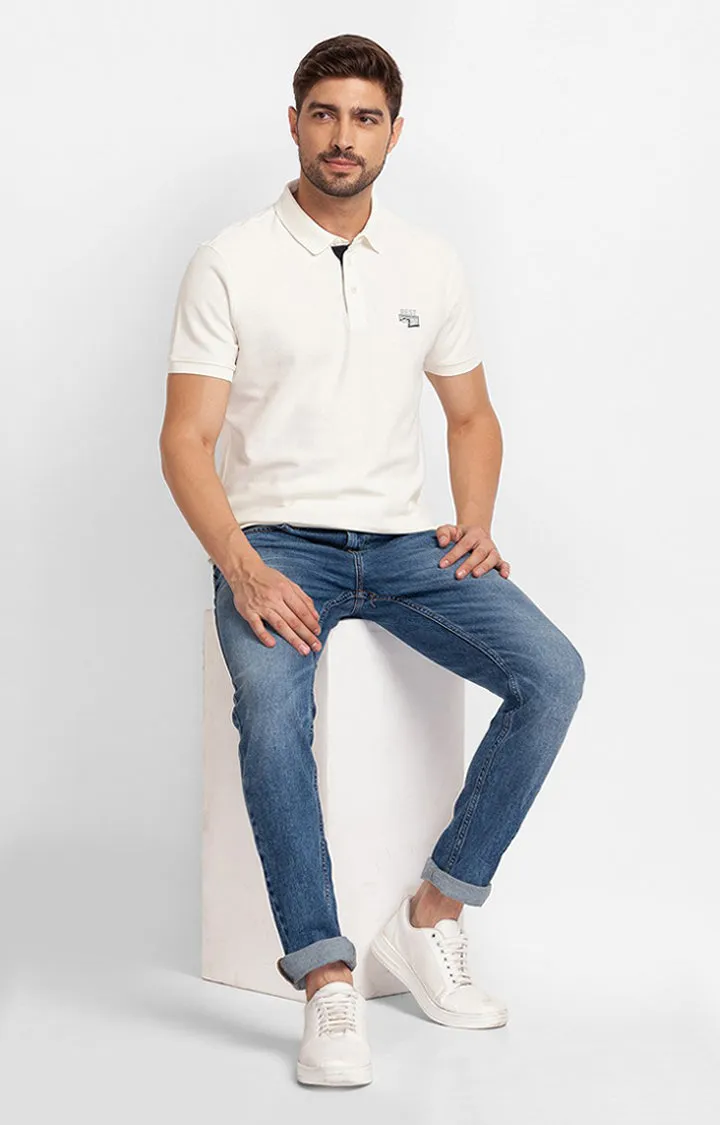 Spykar White Cotton Half Sleeve Plain Casual Polo T-Shirt For Men