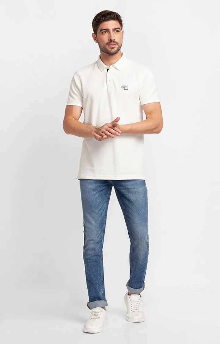 Spykar White Cotton Half Sleeve Plain Casual Polo T-Shirt For Men