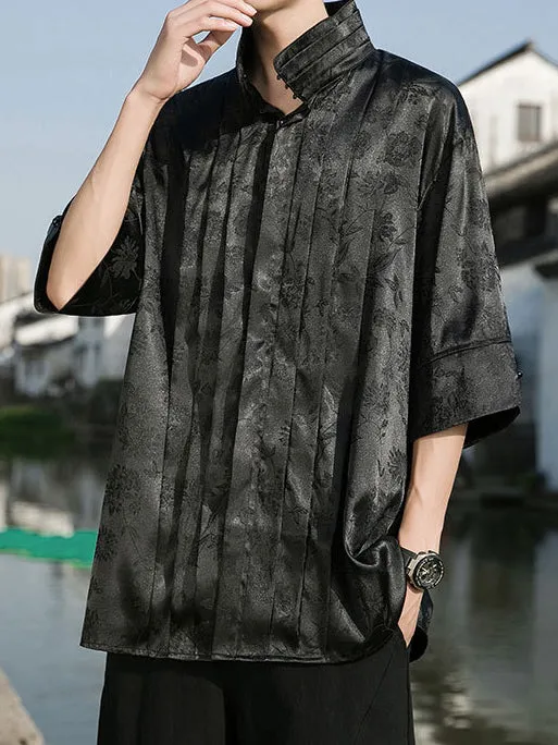 Summer Men's Chinese Silky Jacquard Retro Short Sleeve Shirt