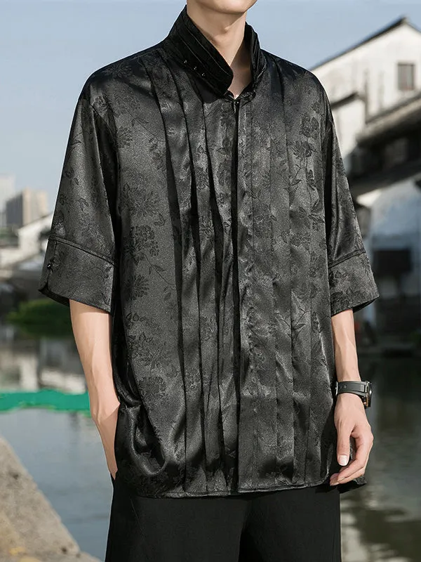 Summer Men's Chinese Silky Jacquard Retro Short Sleeve Shirt