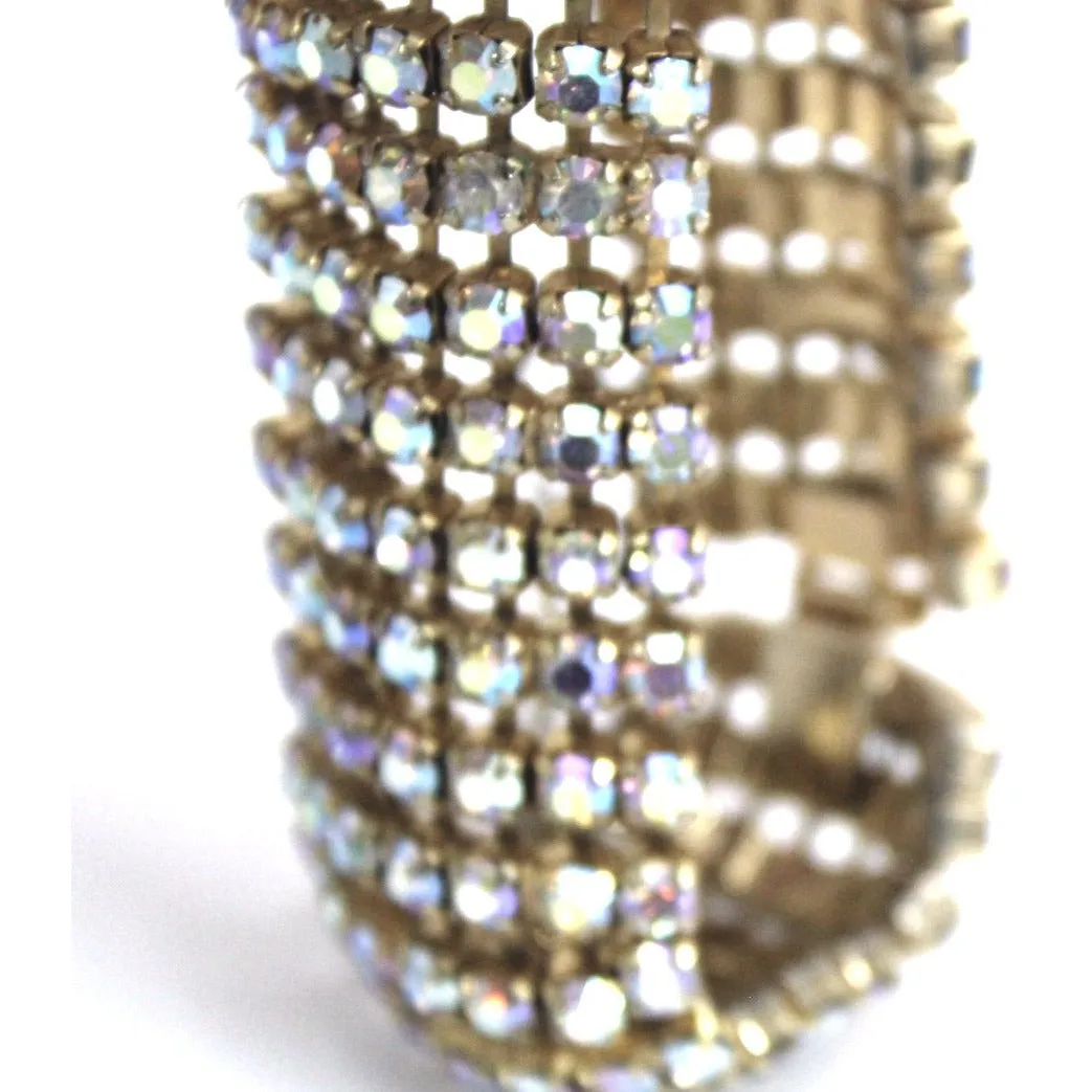 Vintage 1950s Aurora Borealis Rhinestone Bracelet Very Wide Gold tone Sparkling 8.5" Large