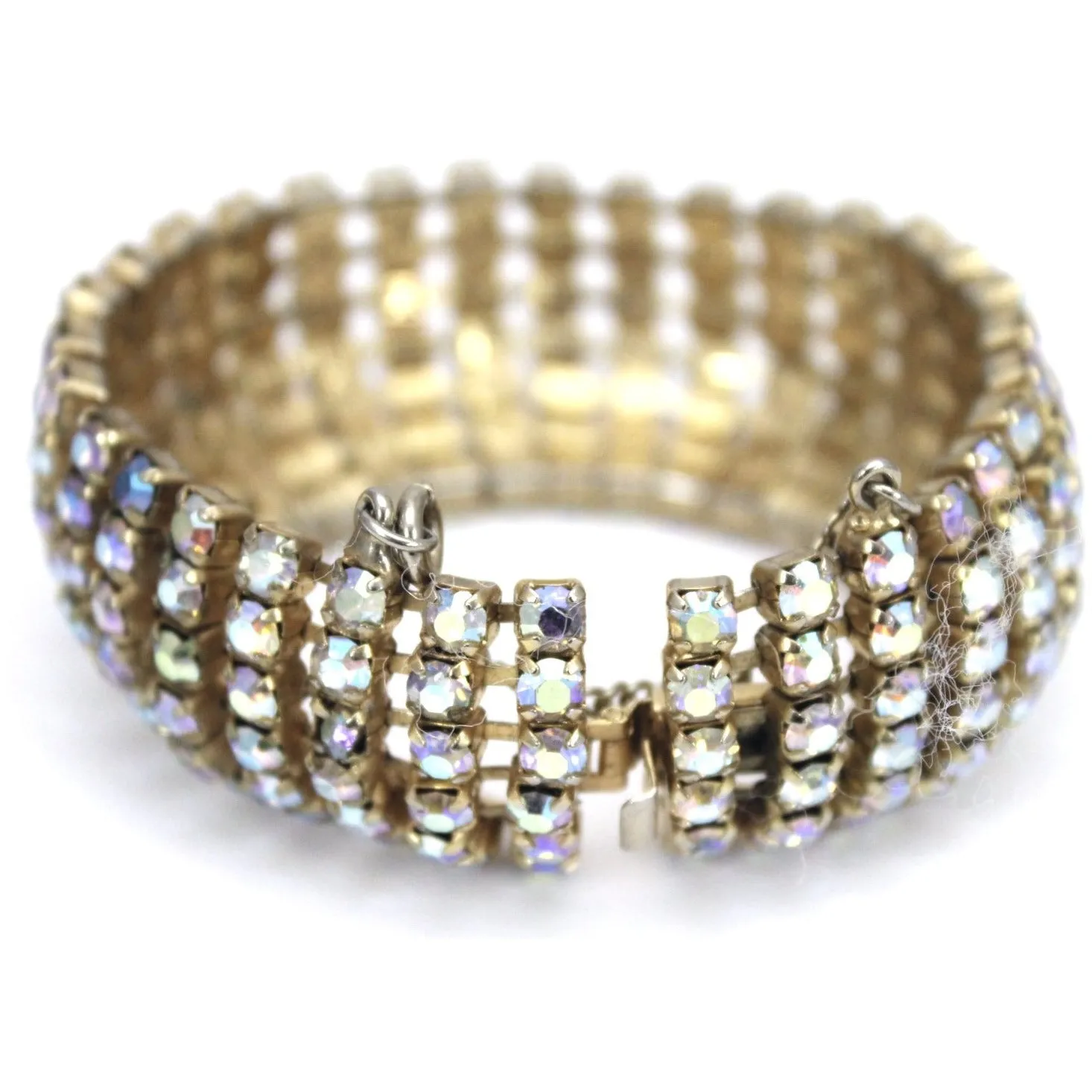 Vintage 1950s Aurora Borealis Rhinestone Bracelet Very Wide Gold tone Sparkling 8.5" Large