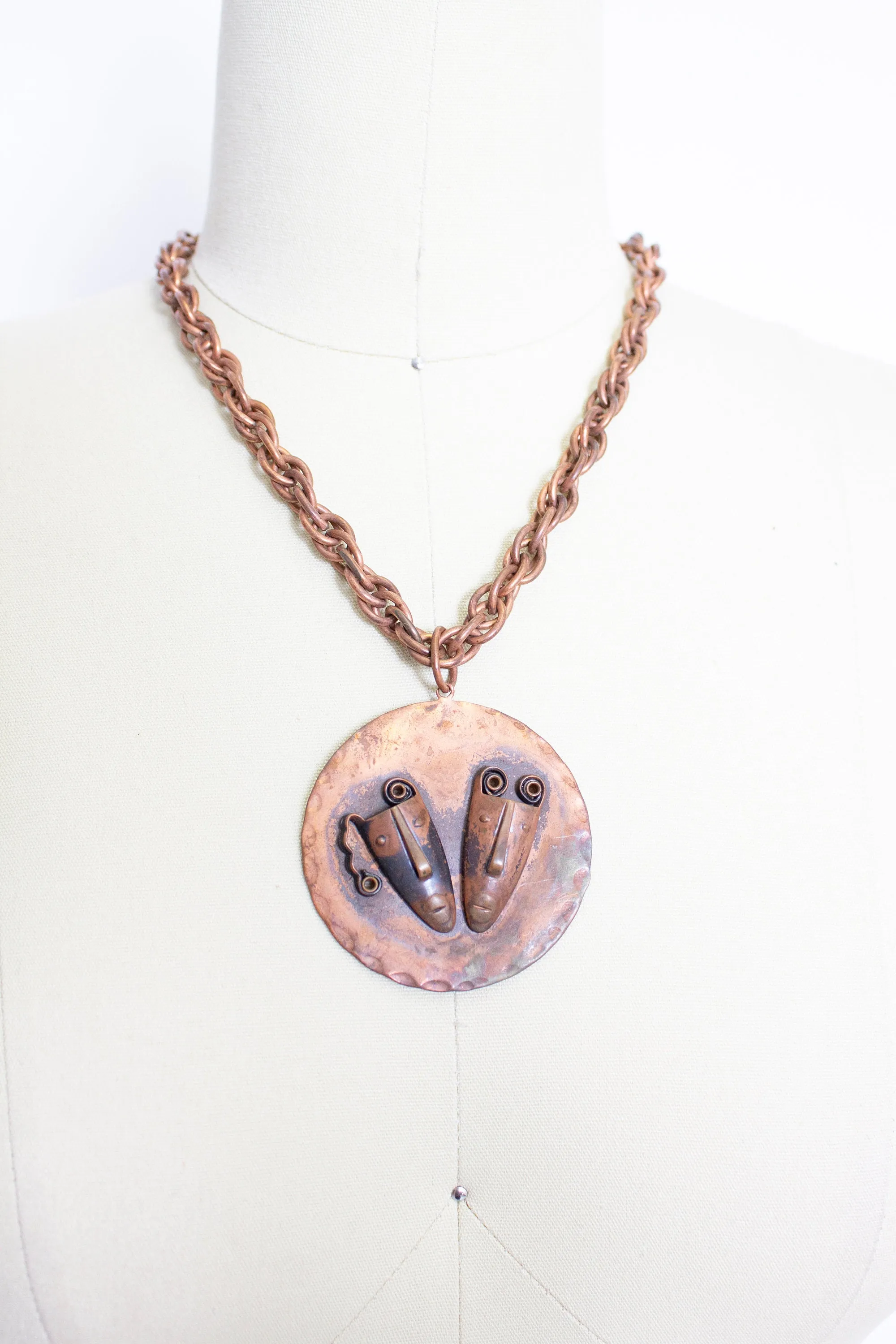 Vintage 1950s Rebajes Copper Necklace Brazilian Masks Novelty Pendent Chain