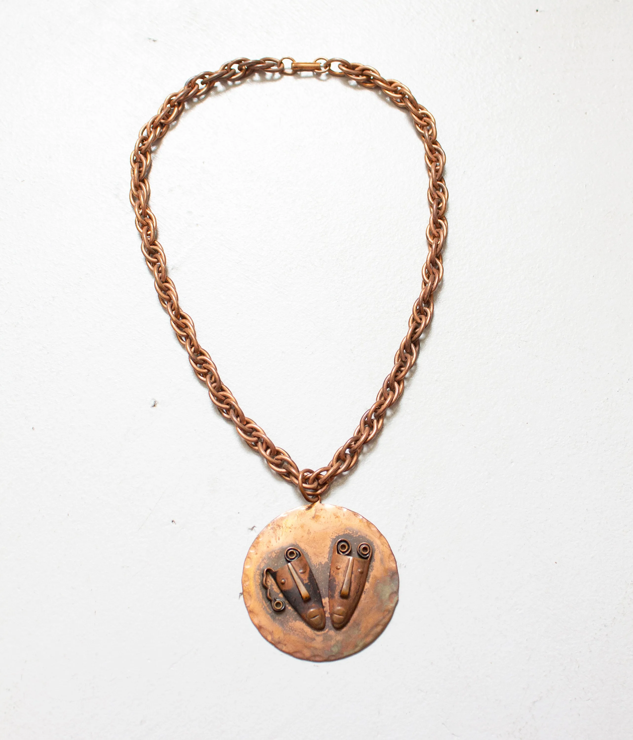 Vintage 1950s Rebajes Copper Necklace Brazilian Masks Novelty Pendent Chain