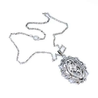 Vintage Art Nouveau Revival Floral Pendant Silvertone 1960S