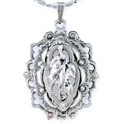 Vintage Art Nouveau Revival Floral Pendant Silvertone 1960S