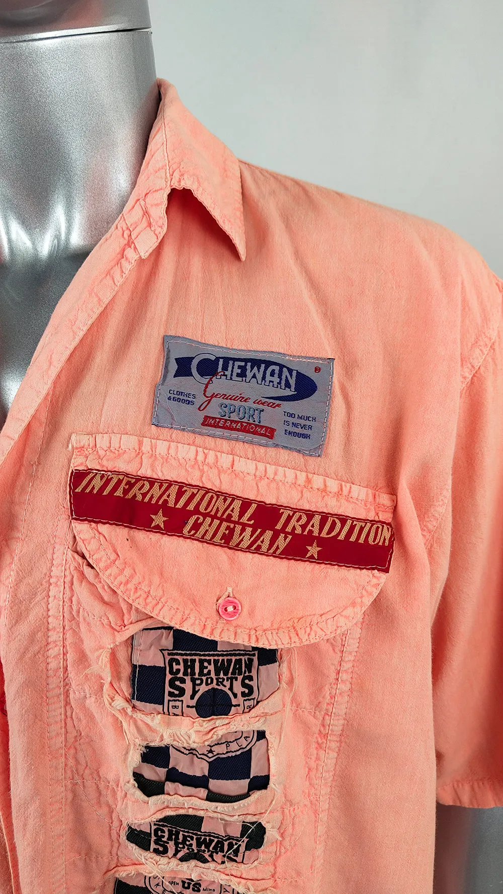 Vintage Mens Distressed Shredded Chewan Sports Peach Shirt, 1990s