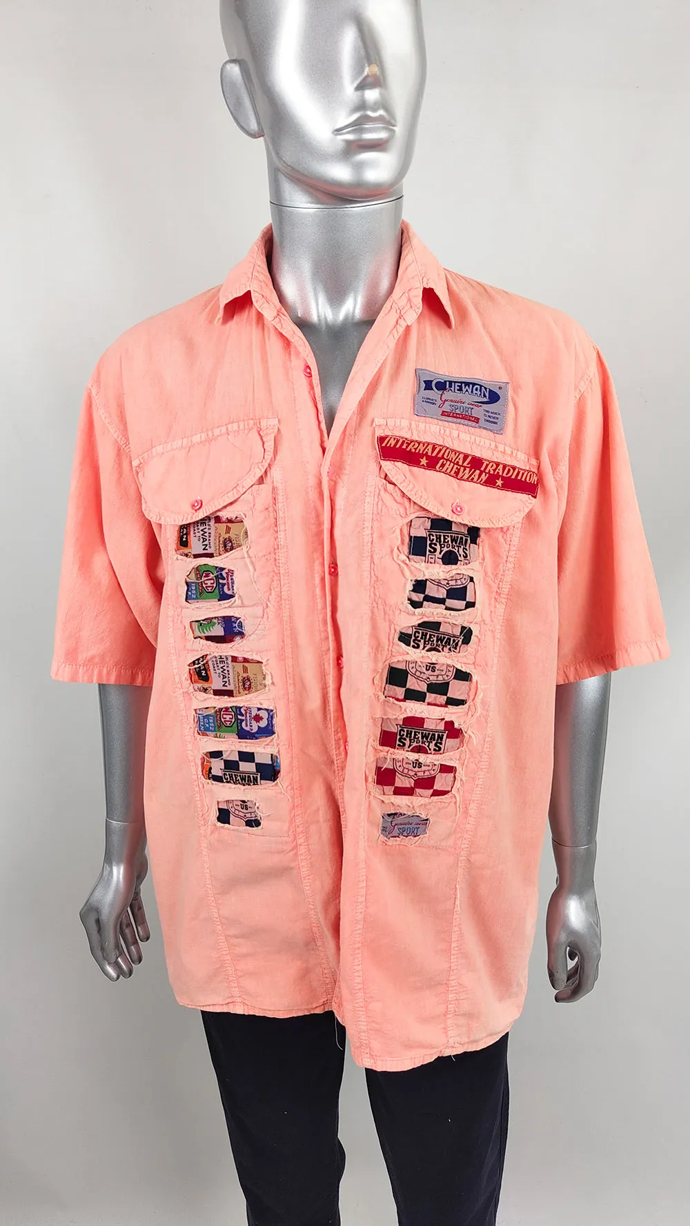 Vintage Mens Distressed Shredded Chewan Sports Peach Shirt, 1990s