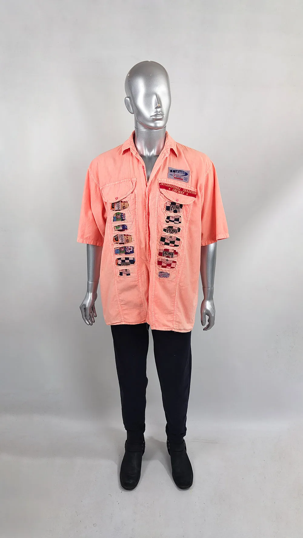 Vintage Mens Distressed Shredded Chewan Sports Peach Shirt, 1990s