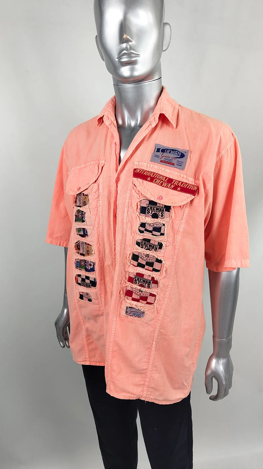 Vintage Mens Distressed Shredded Chewan Sports Peach Shirt, 1990s