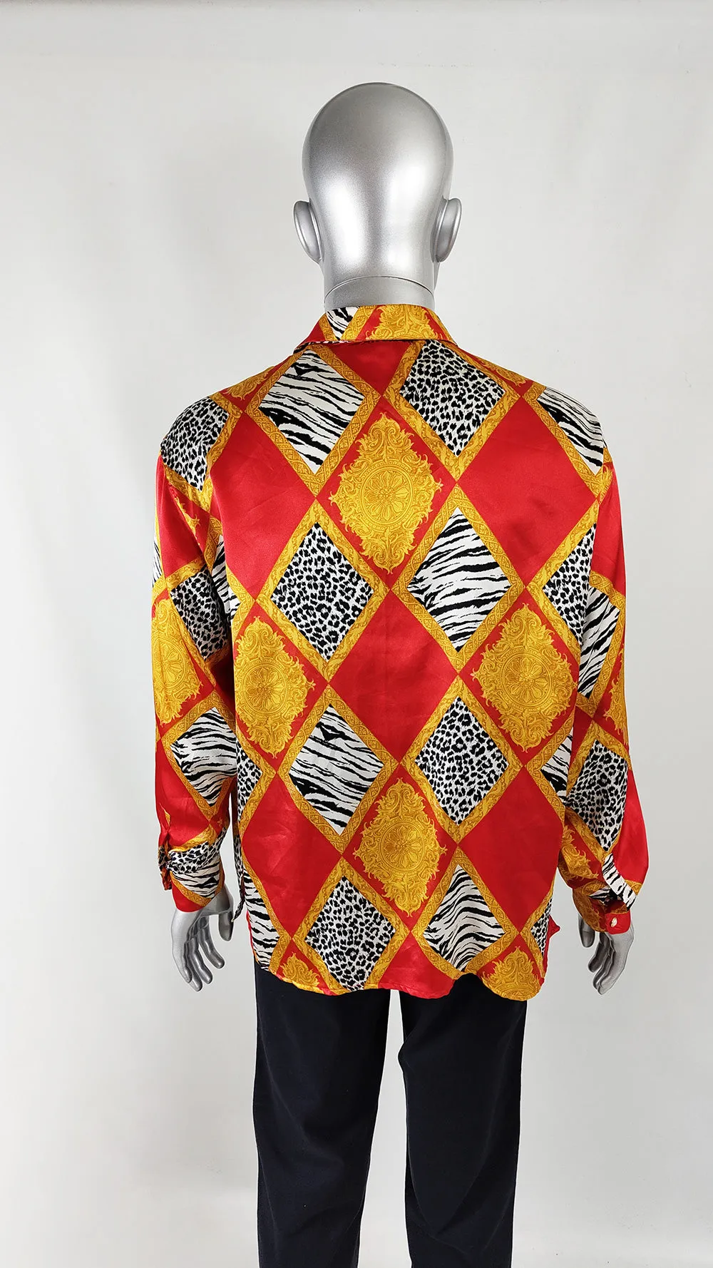 Vintage Mens Italian Bold Red Baroque Print Satin Sfarzo Shirt, 1980s