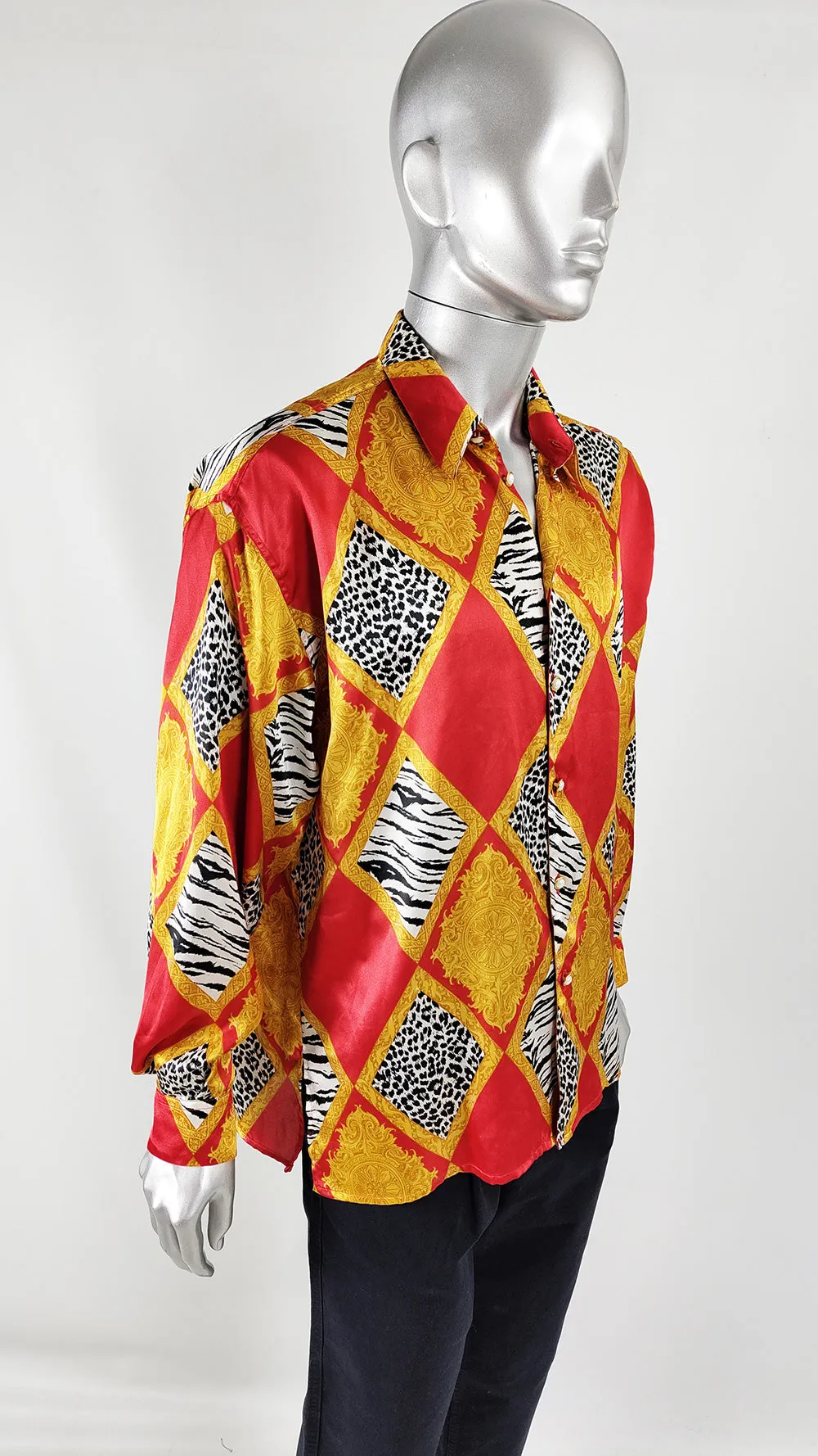 Vintage Mens Italian Bold Red Baroque Print Satin Sfarzo Shirt, 1980s