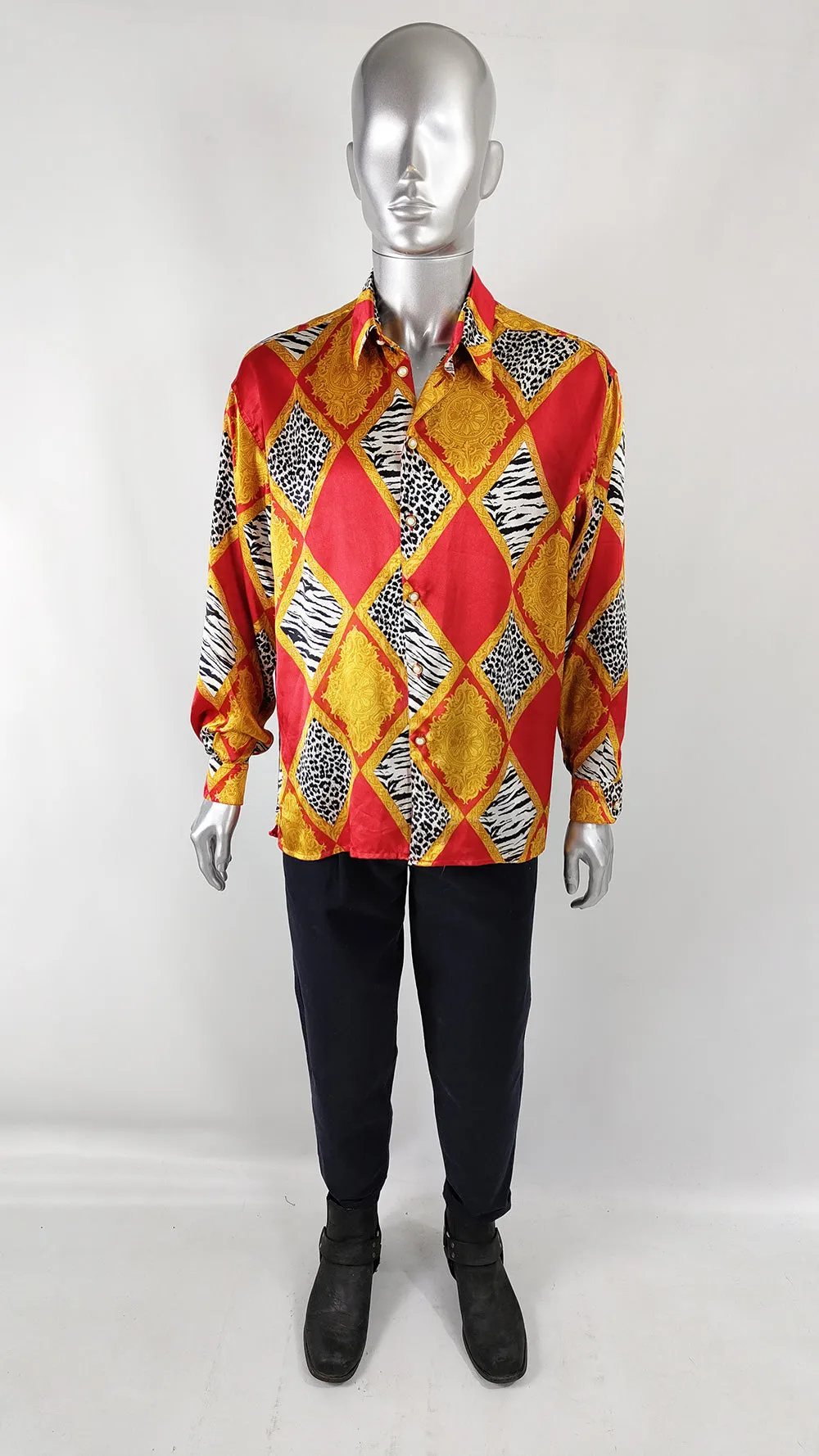 Vintage Mens Italian Bold Red Baroque Print Satin Sfarzo Shirt, 1980s