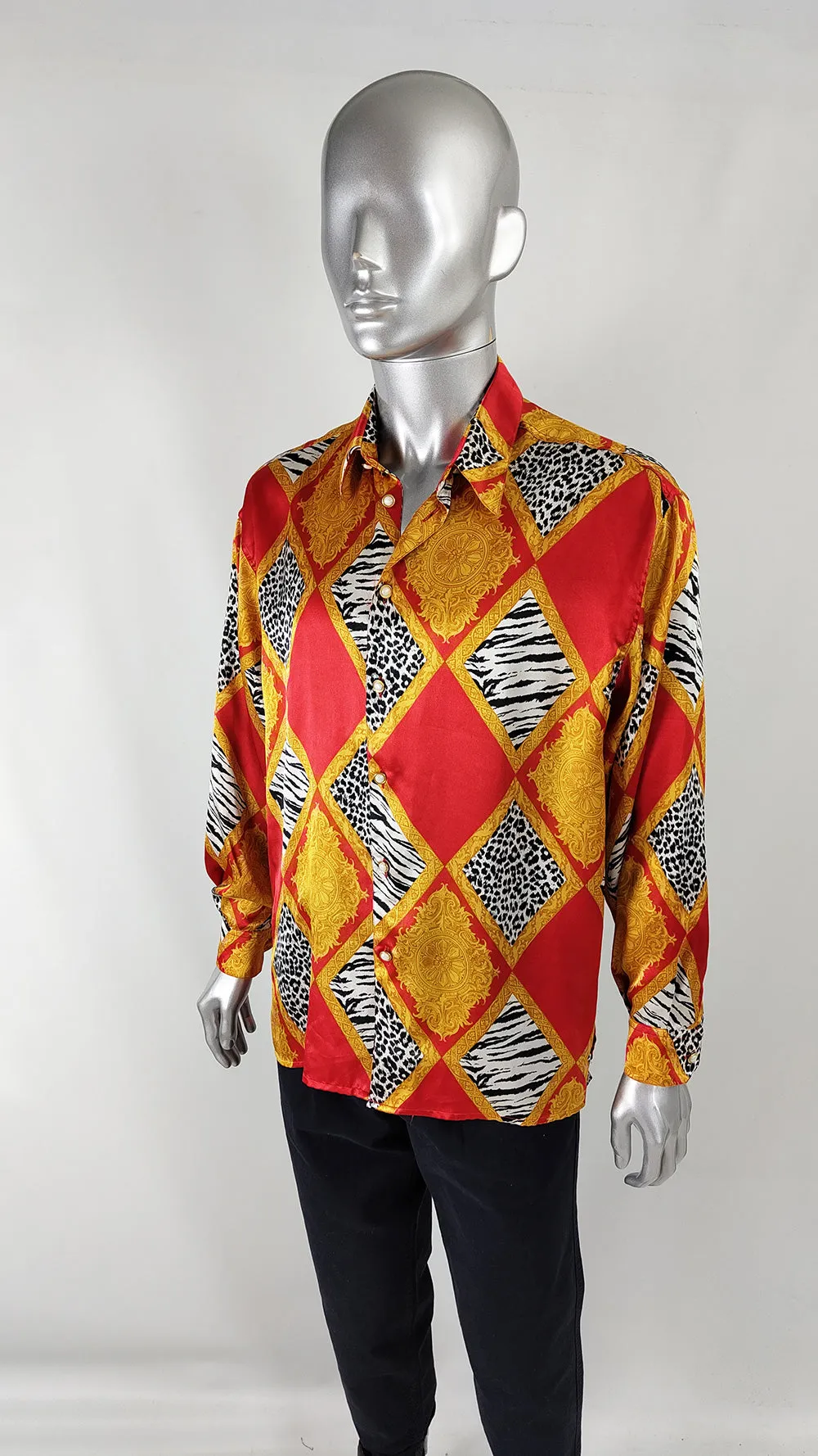 Vintage Mens Italian Bold Red Baroque Print Satin Sfarzo Shirt, 1980s