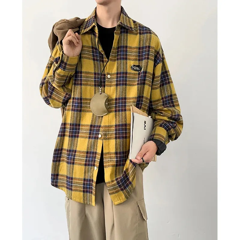 Wiaofellas  -  Autumn Long Sleeved Shirt Men Oversized Retro Casual Shirt Men Japanese Streetwear Loose Plaid Shirt Mens Vintage Shirts M-3XL