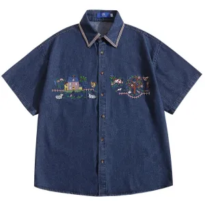 Wiaofellas  -  Cartoon Embroidery Cargo Shirts Mens Summer Retro Casual Streetwear Lapel Single Breasted Short Sleeve Denim Shirt Men Clothing