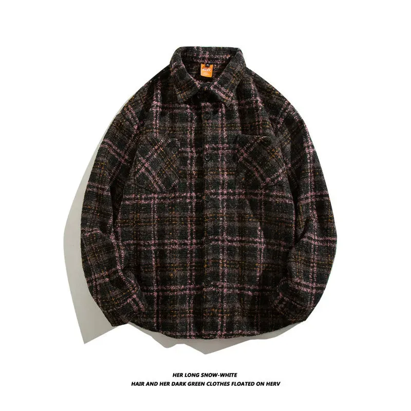 Wiaofellas  -  Japanese Retro Woolen Plaid Shirt For Men Autumn Winter Long Sleeved Top Fashion Vintage Shirts Coat Trendy Clothing Streetwear