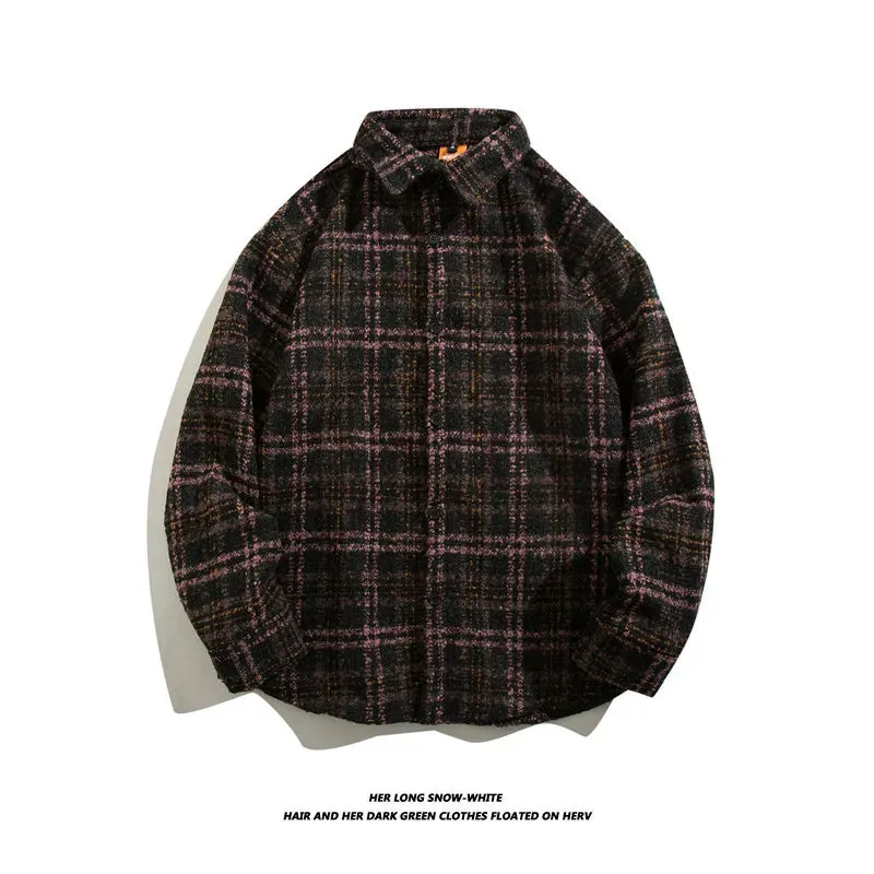 Wiaofellas  -  Japanese Retro Woolen Plaid Shirt For Men Autumn Winter Long Sleeved Top Fashion Vintage Shirts Coat Trendy Clothing Streetwear