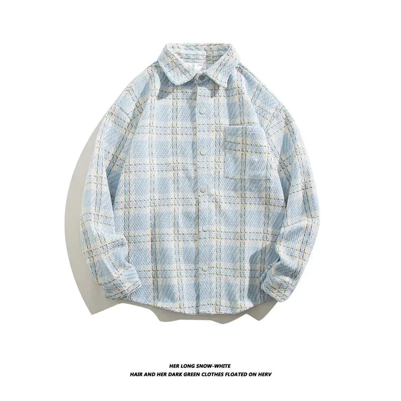 Wiaofellas  -  Japanese Retro Woolen Plaid Shirt For Men Autumn Winter Long Sleeved Top Fashion Vintage Shirts Coat Trendy Clothing Streetwear