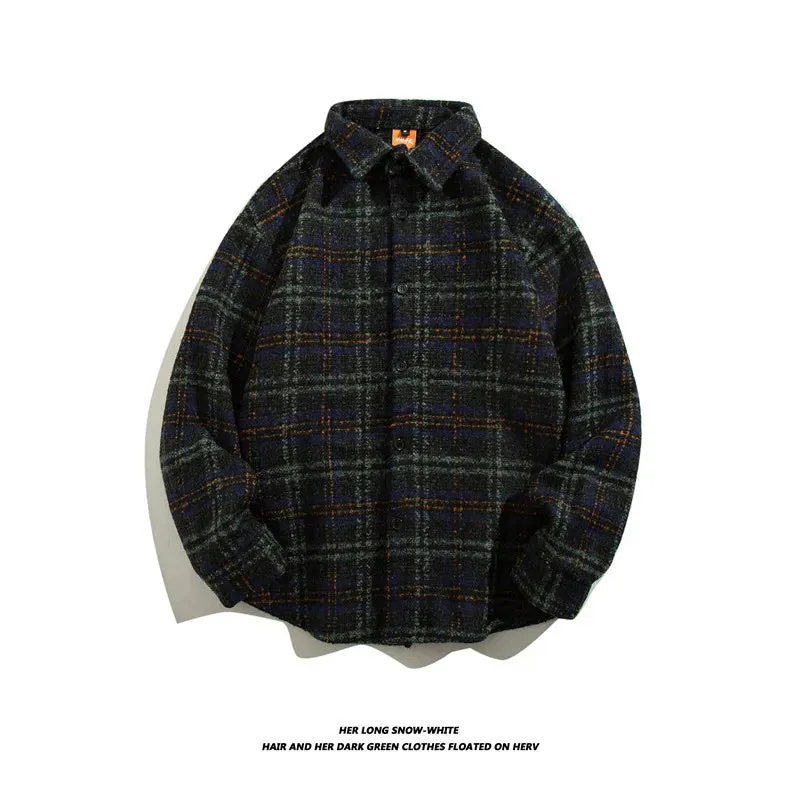 Wiaofellas  -  Japanese Retro Woolen Plaid Shirt For Men Autumn Winter Long Sleeved Top Fashion Vintage Shirts Coat Trendy Clothing Streetwear