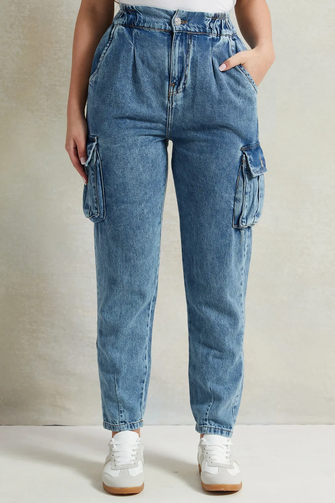 Women Blue Elasticated Cargo Pocket Jeans