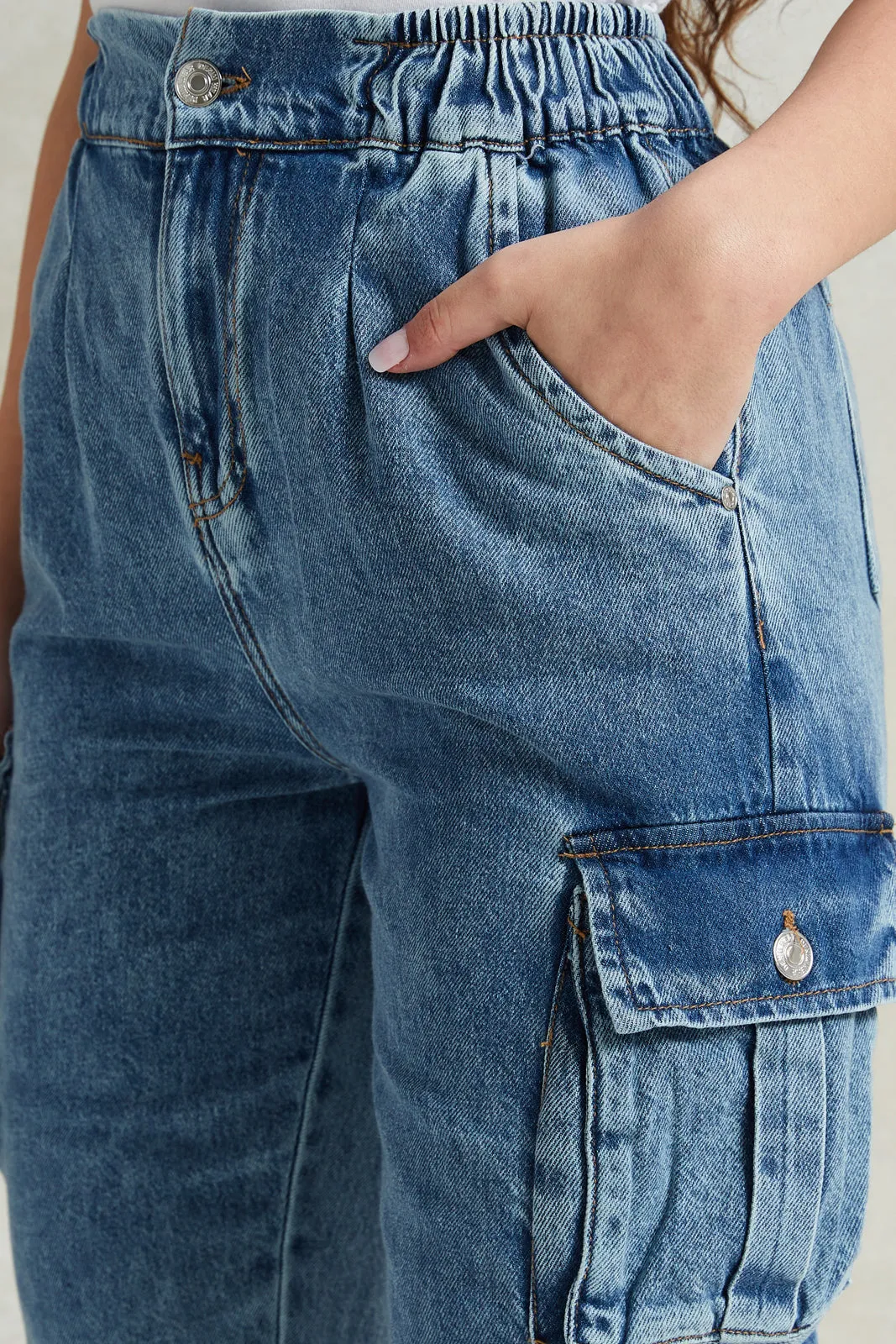 Women Blue Elasticated Cargo Pocket Jeans