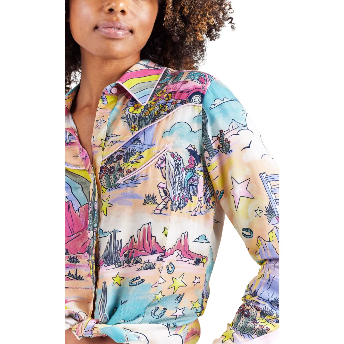 Wrangler Women's Barbie Cowgirl Print Long Sleeve Retro Western Shirt