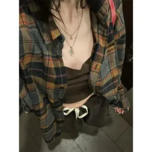 Y2k Vintage Plaid Women Shirts Long Sleeve Oversized Blouse Korean Fashion Basic Chic Retro Casual Summer Streetwear